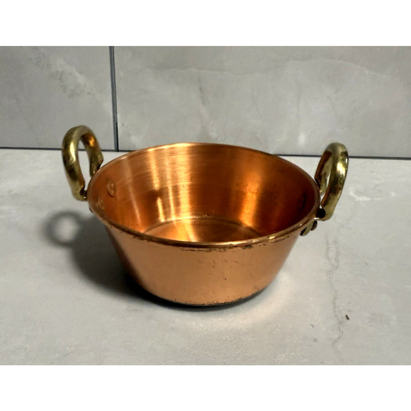 Vintage Copper Saucepan with Brass Handles 4" Mini Pot Country Kitchen Decor - Picture 1 of 7